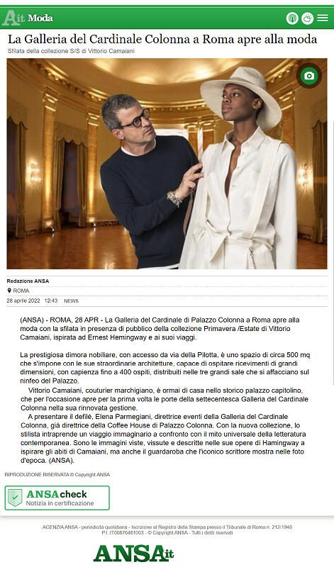 Ansa.it: La Galleria del Cardinale Colonna a Roma apre alla moda - 28 aprile 2022