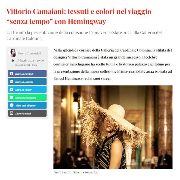 11 maggio 2022, Vittorio Camaiani: tessuti e colori nel viaggio “senza tempo” con Hemingway