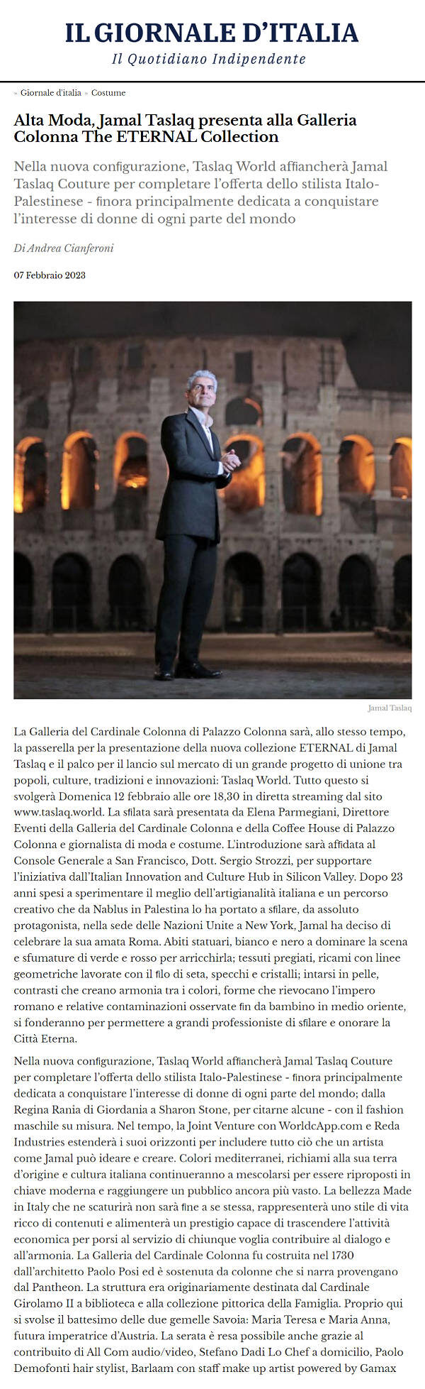 Alta Moda, Jamal Taslaq presenta alla Galleria Colonna The ETERNAL Collection, Il Giornale d'Italia, 7 febbraio 2023