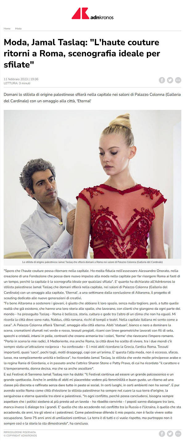 Moda, Jamal Taslaq: "L'haute couture ritorni a Roma, scenografia ideale per sfilate", Adnkronos, 11 febbraio 2023