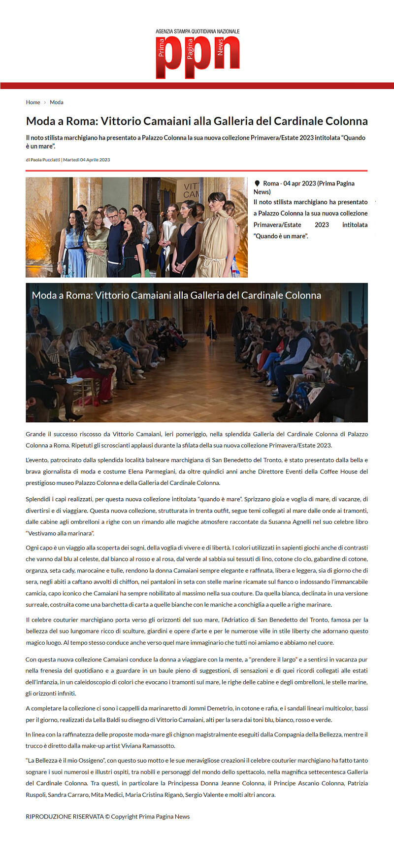 Moda a Roma: Vittorio Camaiani alla Galleria del Cardinale Colonna, Prima Pagina News, 4 aprile 2023