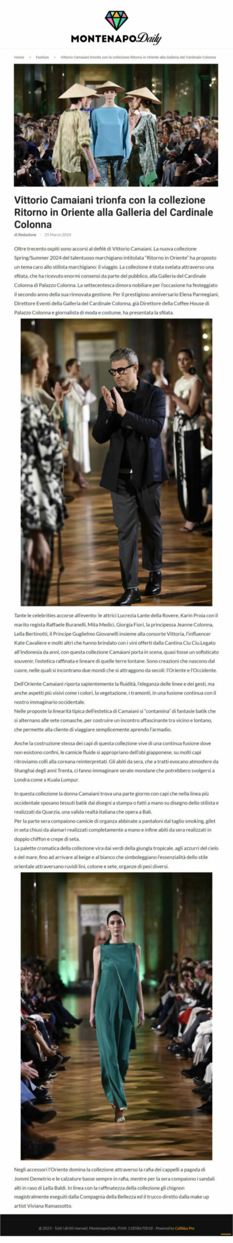 Vittorio Camaiani trionfa con la collezione Ritorno in Oriente alla Galleria del Cardinale Colonna, Montenapo Daily, 25 Marzo 2024