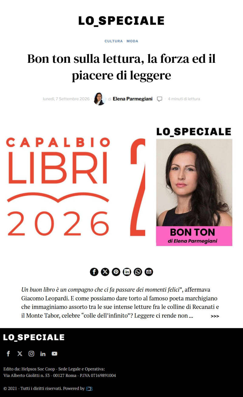 Bon ton sulla lettura, la forza ed il piacere di leggere, LO_SPECIALE, 7 settembre 2026