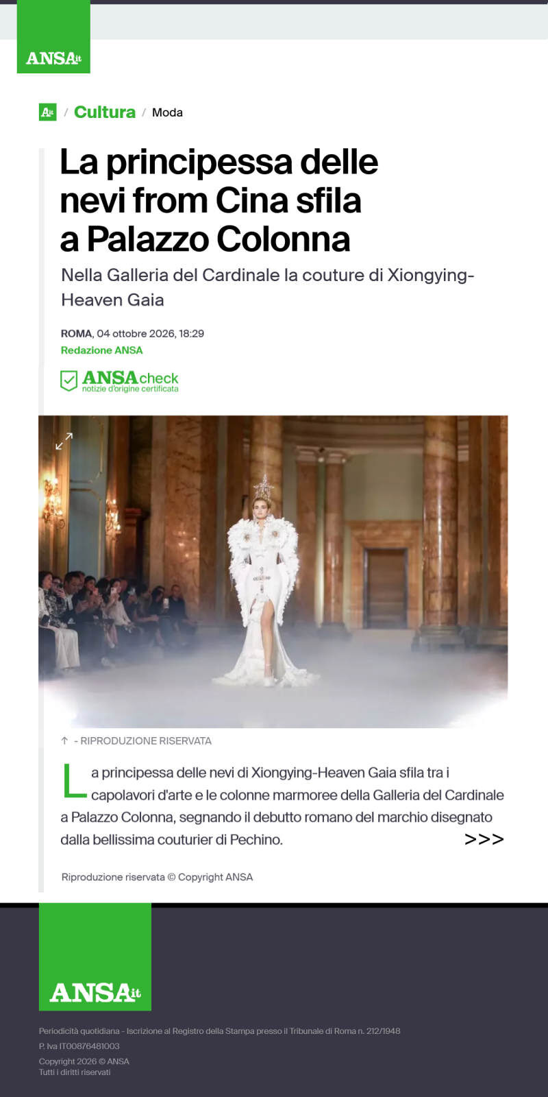 La principessa delle nevi from Cina sfila a Palazzo Colonna, ANSA.it, 4 ottobre 2026
